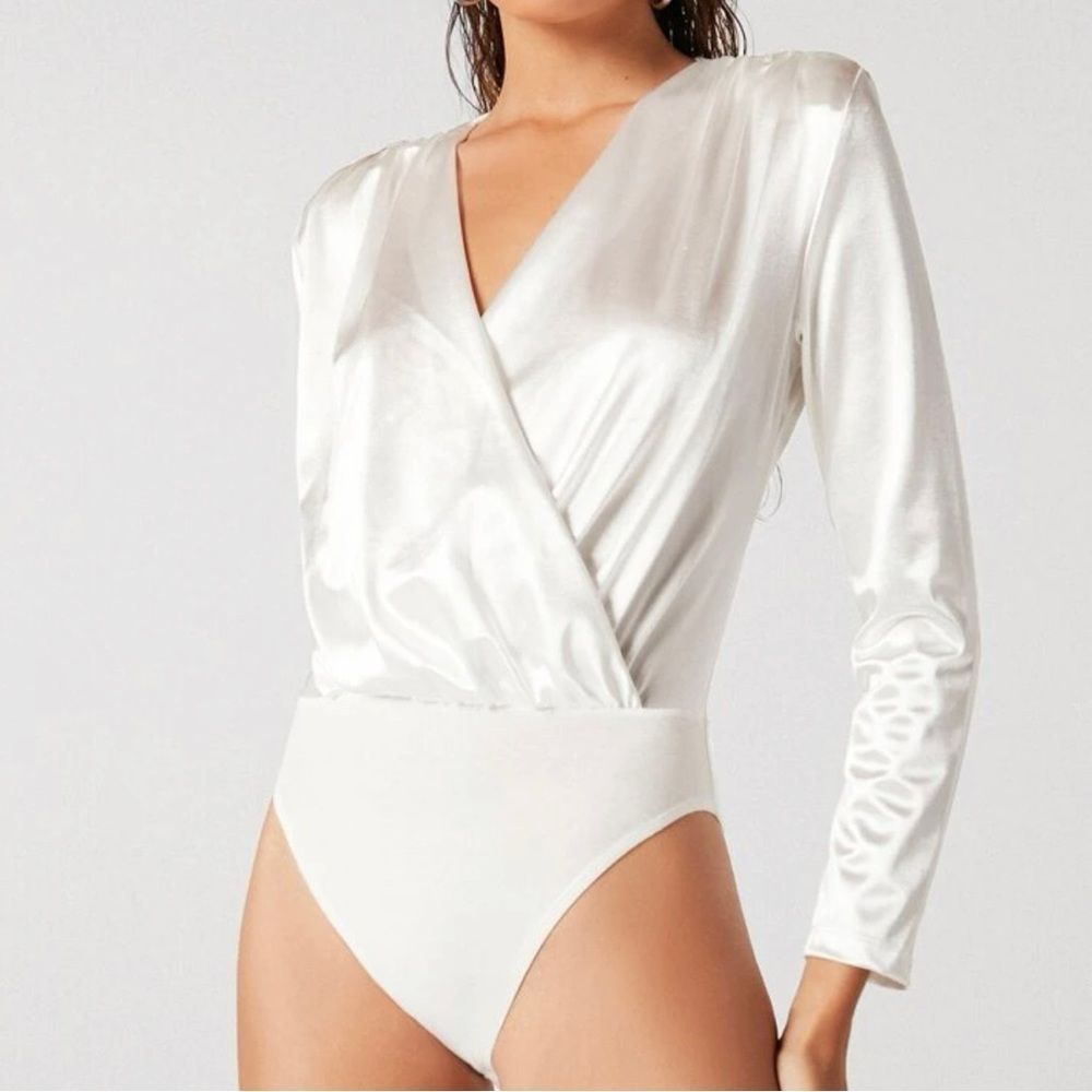 White Satin Long Sleeve Bodysuit NWOT